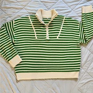 Forest Green Cream Striped Quarter-Zip Sweater Rib Knit Size L